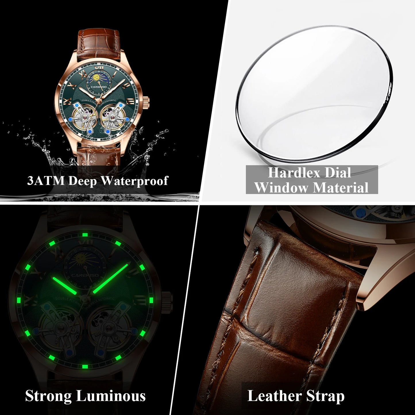 CAREKISO C123 Men Automatic Mechanical Watch Luxury Sport Leather Strap Waterproof Luminous Wristwatch