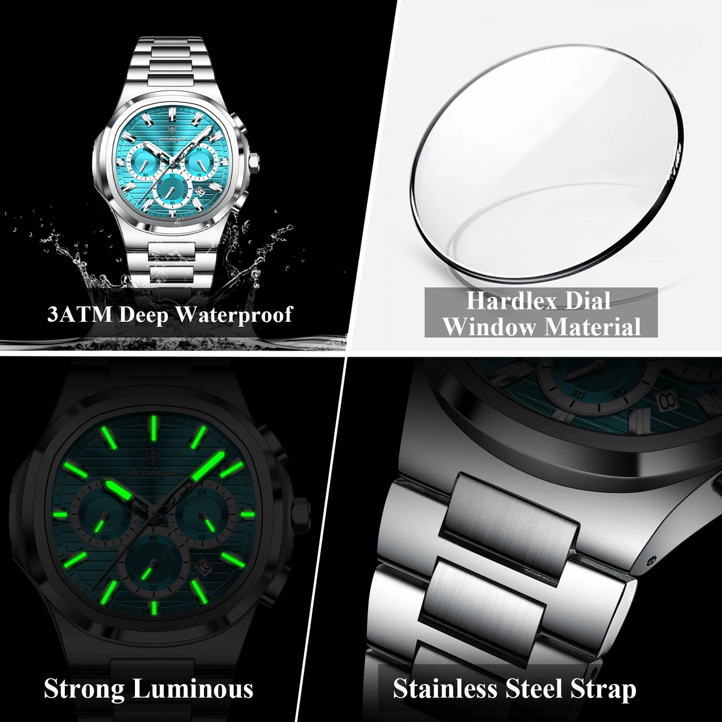 POEDAGAR High Quality Waterproof Luminous Luxury Stainless Steel Chronograph Quartz Watch for Men