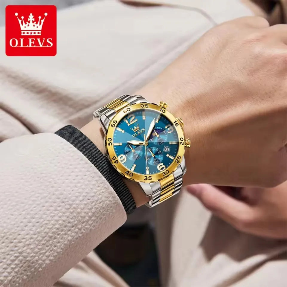 OLEVS 3678 Fashion Chronograph Quartz Big Dial Moon Phase Watches Waterproof Man Original Calendar Hand Stainless Watch for Men