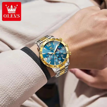 OLEVS 3678 Fashion Chronograph Quartz Big Dial Moon Phase Watches Waterproof Man Original Calendar Hand Stainless Watch for Men