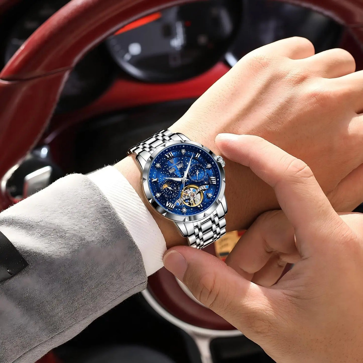 POEDAGAR 1420 Stainless Steel Tourbillon Automatic Movement 30M Waterproof Luminous Mechanical Watch for Men