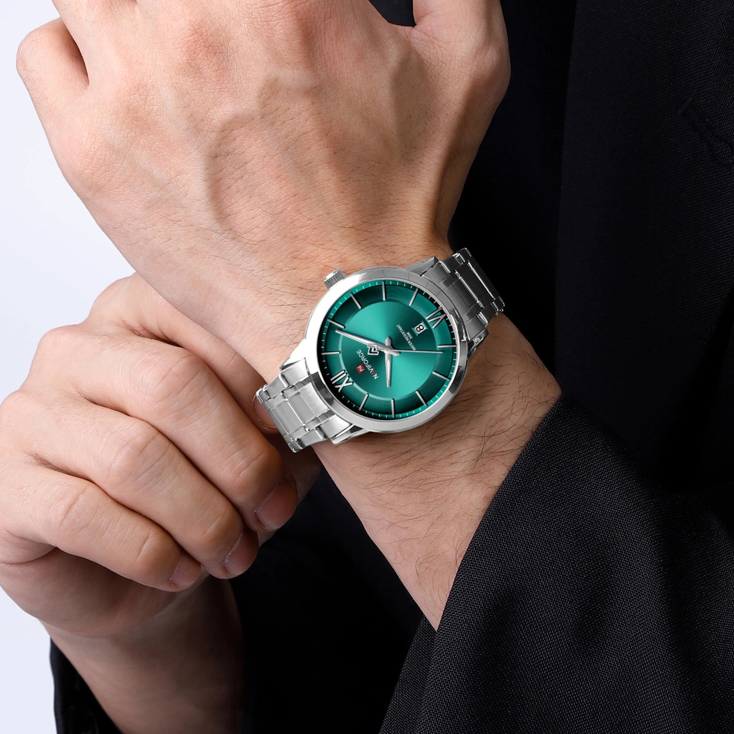 NAVIFORCE 9254 Men's Business Quartz Watch Waterproof Luminous Hands Calendar Display Stainless Steel Strap