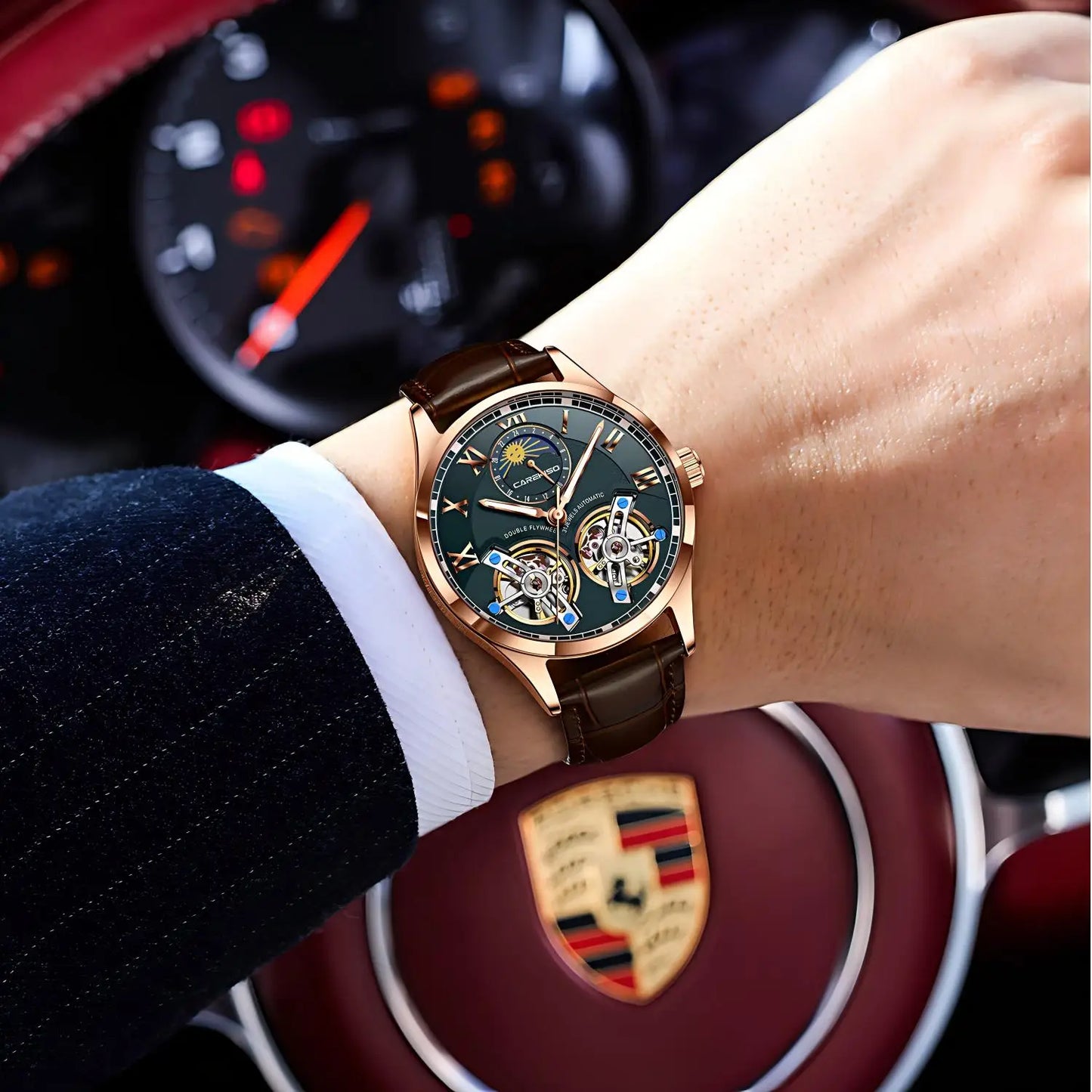 CAREKISO C123 Men Automatic Mechanical Watch Luxury Sport Leather Strap Waterproof Luminous Wristwatch