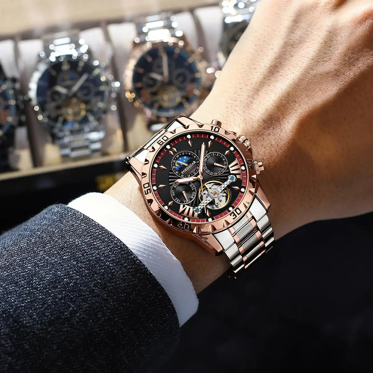 Poedagar 1410 Men Automatic Mechanical Watches Waterproof Luminous Stainless Steel Band Watch Hollow Tourbillon Wristwatches