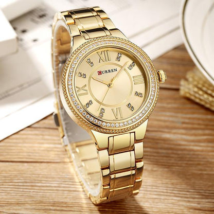 Curren 9004 Top Luxury Women Quartz Watches Crystal Design Roman Scale Stainless Steel Band Ladies Wristwatches
