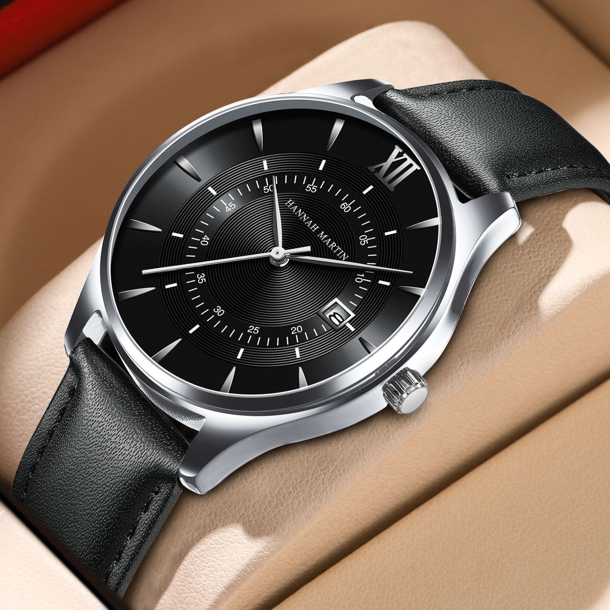 HANNAH MARTIN 1231 New Design Black Leather Business Calendar Wrist Watch Sports 30M Waterproof Watches for Men