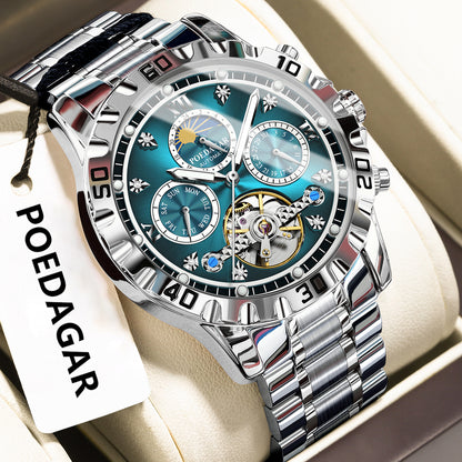 POEDAGAR 1423 Top Luxury Hollow Tourbillon Automatic Watch Stainless Steel Waterproof Chronograph Men Mechanical Watches for Men