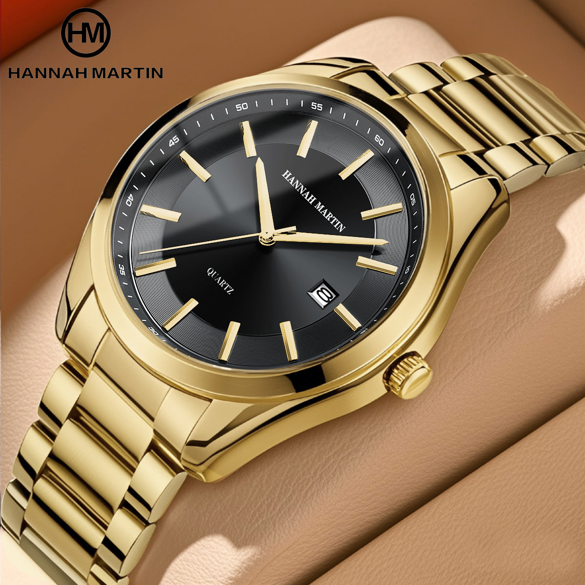 QUARTZ WATCH Hannah Martin Calendar Business Casual Men's Black King Watch Steel Band Student Trendy Waterproof Men