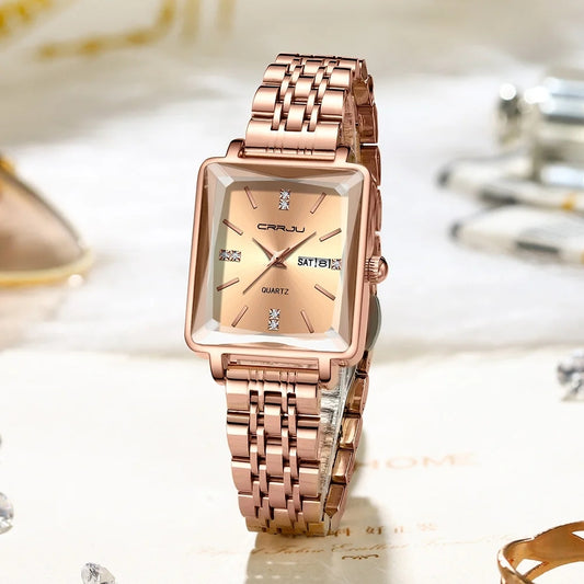 CRRJU 5012 Luxury Fashion Stainless Steel Strap Quartz Wristwatch 3ATM Waterproof Luminous Hands Female Diamond Watch for Women