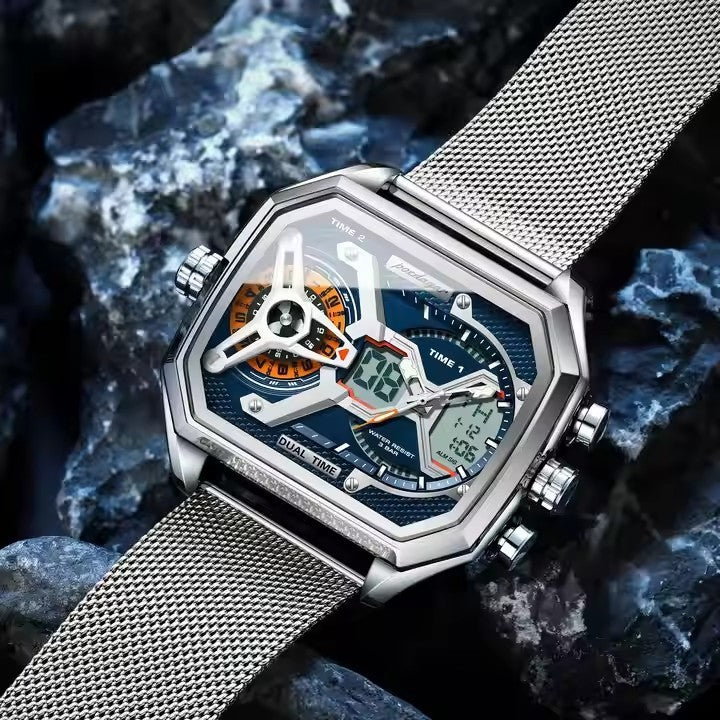 POEDAGAR Luxury Sports Quartz Watch for Men 47mm Week LED Display Waterproof Stainless Steel Mesh