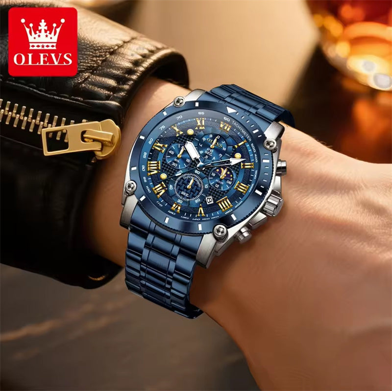 OLEVS 3689 Men's Stainless Steel Band Quartz Watch Luxury Business Hand Watch Analog Moon Phase Date Hot Sell