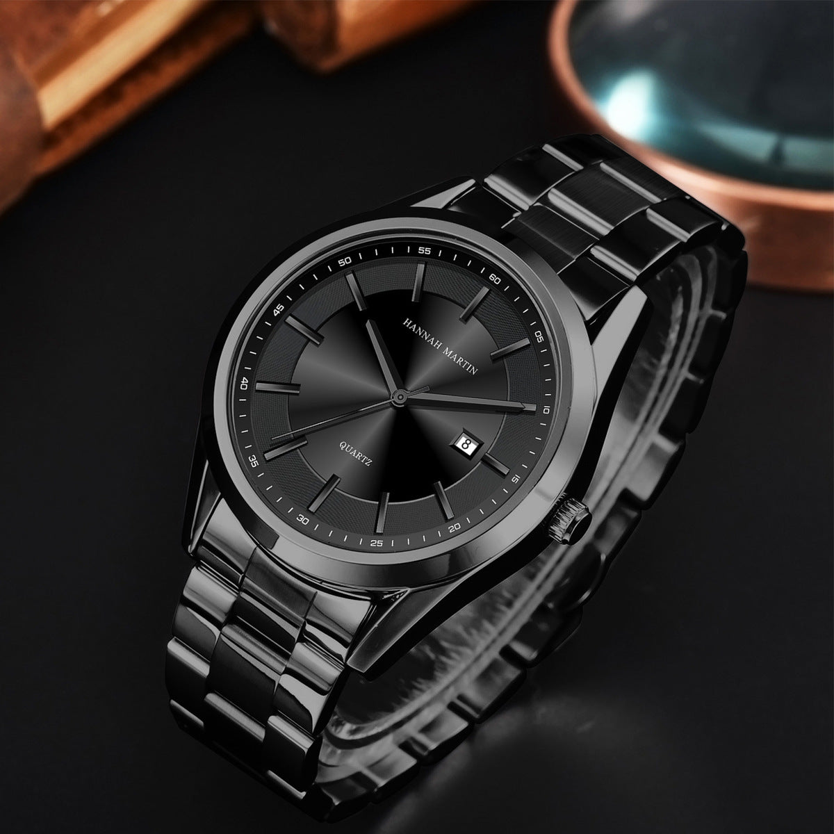 QUARTZ WATCH Hannah Martin Calendar Business Casual Men's Black King Watch Steel Band Student Trendy Waterproof Men