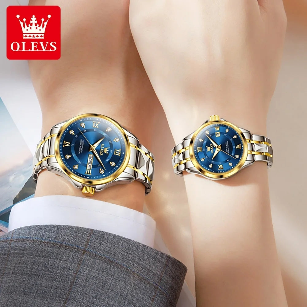 OLEVS 2906 Quartz Watches for Couple Men Women Gold Luxury Wristwatch Stainless Steel Rhombus Strap Waterproof Diamond Watch
