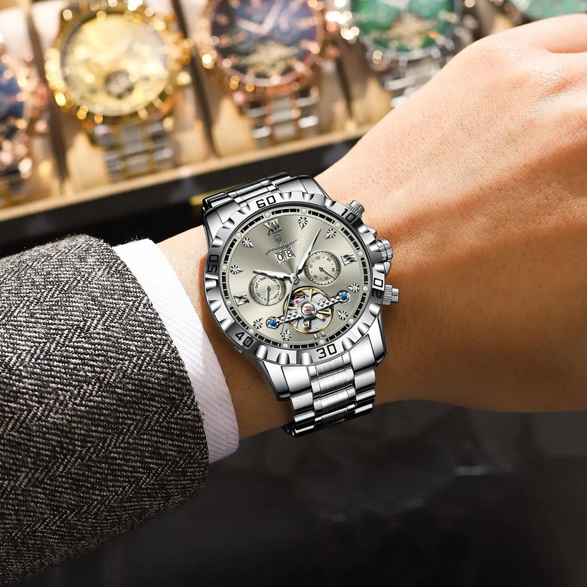 POEDAGAR 1418 Antique Mechanical Automatic Watches Tourbillon Luminous Hands Stainless Steel Date Sapphire Crystal Dial Watches