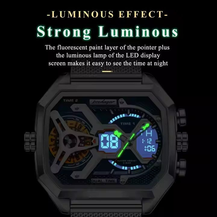 POEDAGAR Luxury Sports Quartz Watch for Men 47mm Week LED Display Waterproof Stainless Steel Mesh