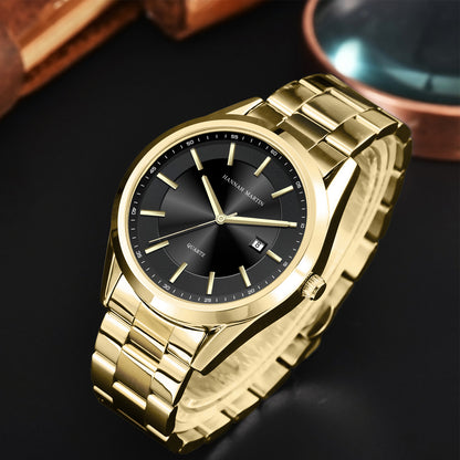 QUARTZ WATCH Hannah Martin Calendar Business Casual Men's Black King Watch Steel Band Student Trendy Waterproof Men