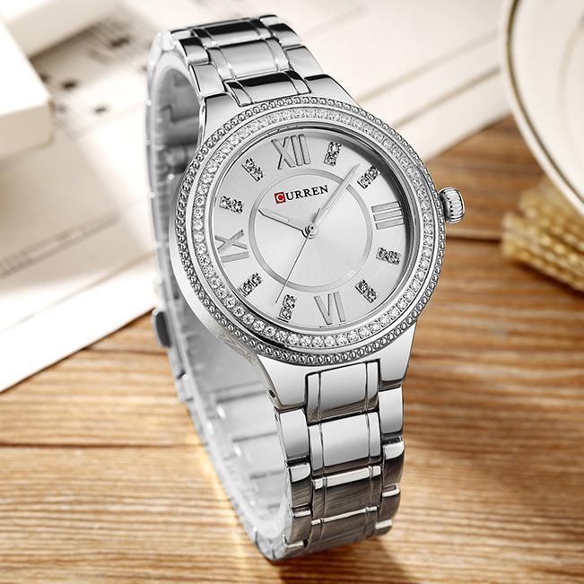 Curren 9004 Top Luxury Women Quartz Watches Crystal Design Roman Scale Stainless Steel Band Ladies Wristwatches