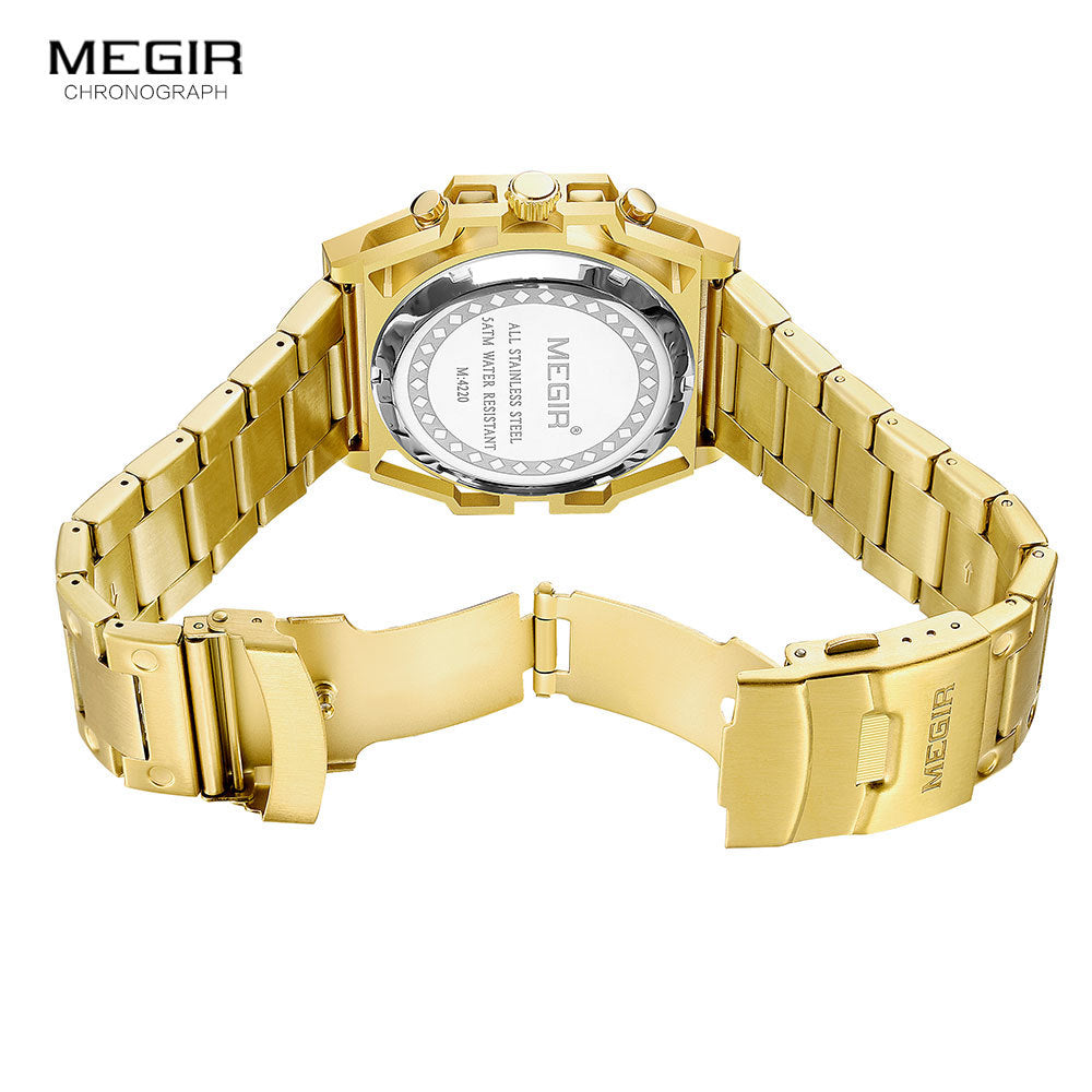 MEGIR 4220 Gold Watch for Men Stainless Steel Chronograph Wrist Watch Man Luxury Luminous Quartz Watches