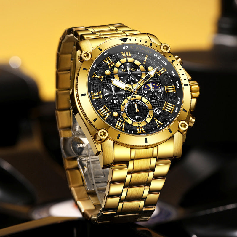 OLEVS 3689 Men's Stainless Steel Band Quartz Watch Luxury Business Hand Watch Analog Moon Phase Date Hot Sell