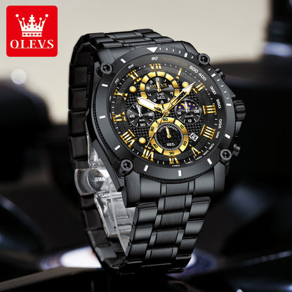 OLEVS 3689 Men's Stainless Steel Band Quartz Watch Luxury Business Hand Watch Analog Moon Phase Date Hot Sell
