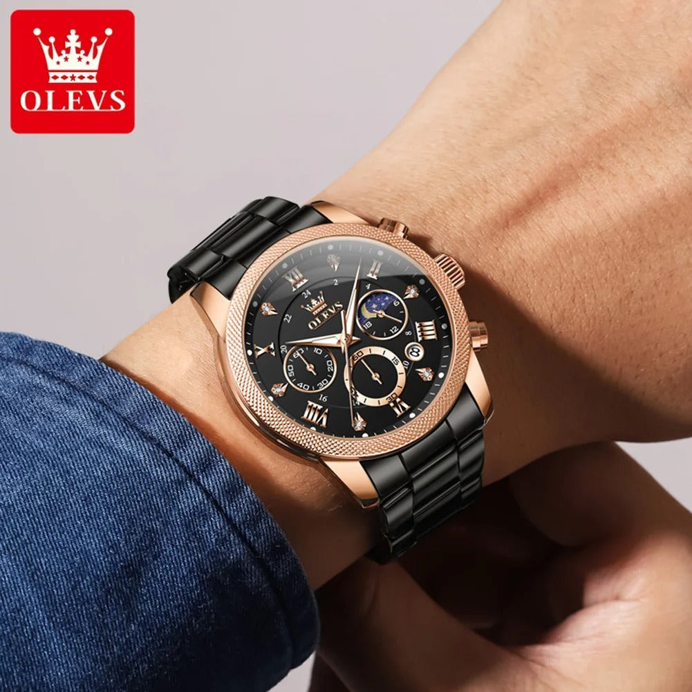 OLEVS 3660 Top Brand Watch Fashion Sports Rose Black Stainless Steel Waterproof Multifunctional Calendar Quartz Watch for Men