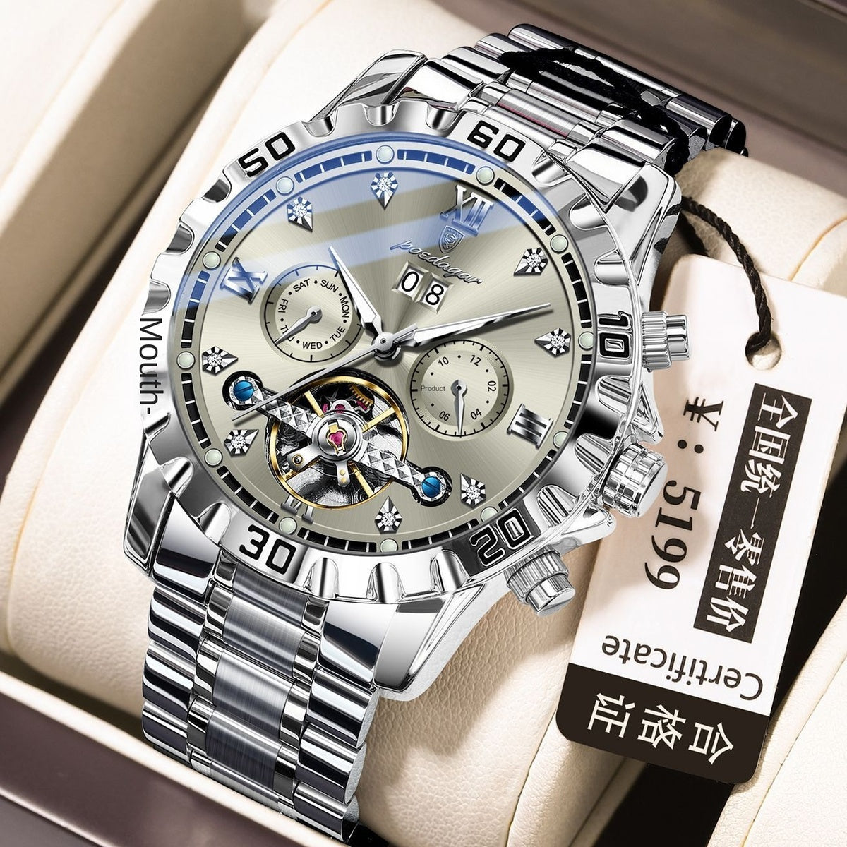 POEDAGAR 1418 Antique Mechanical Automatic Watches Tourbillon Luminous Hands Stainless Steel Date Sapphire Crystal Dial Watches