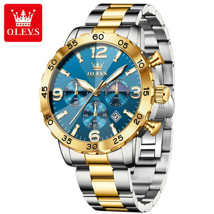OLEVS 3678 Fashion Chronograph Quartz Big Dial Moon Phase Watches Waterproof Man Original Calendar Hand Stainless Watch for Men