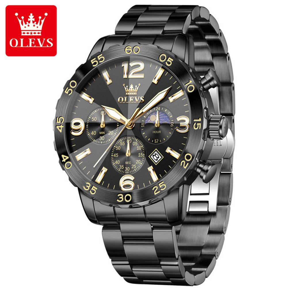 OLEVS 3678 Fashion Chronograph Quartz Big Dial Moon Phase Watches Waterproof Man Original Calendar Hand Stainless Watch for Men