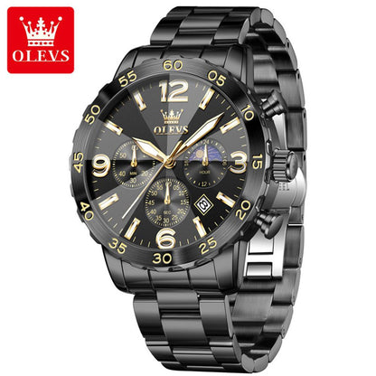 OLEVS 3678 Fashion Chronograph Quartz Big Dial Moon Phase Watches Waterproof Man Original Calendar Hand Stainless Watch for Men
