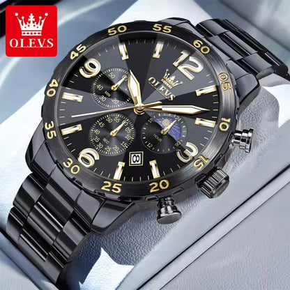 OLEVS 3678 Fashion Chronograph Quartz Big Dial Moon Phase Watches Waterproof Man Original Calendar Hand Stainless Watch for Men