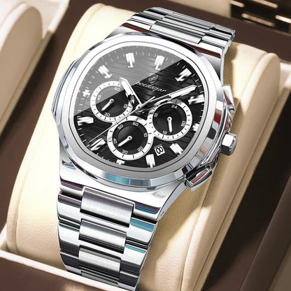 POEDAGAR High Quality Waterproof Luminous Luxury Stainless Steel Chronograph Quartz Watch for Men