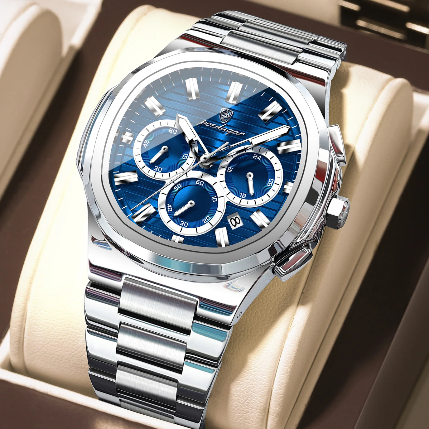POEDAGAR High Quality Waterproof Luminous Luxury Stainless Steel Chronograph Quartz Watch for Men