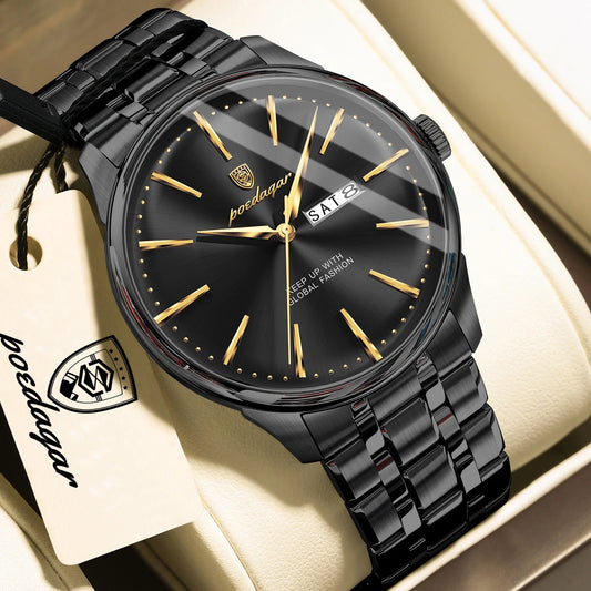 Poedagar 843 Men Quartz Watch Day and Date Dual Calendar Stainless Steel Band Simple Business Wrist Watch for Male Gift