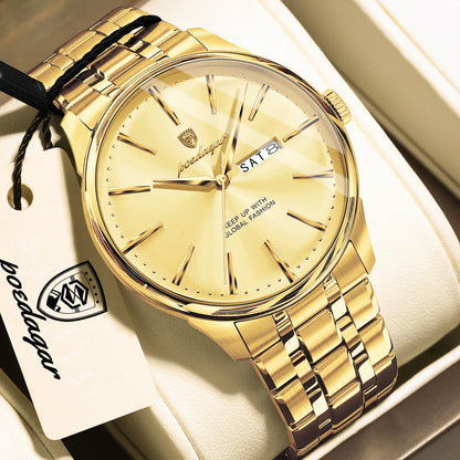 Poedagar 843 Men Quartz Watch Day and Date Dual Calendar Stainless Steel Band Simple Business Wrist Watch for Male Gift