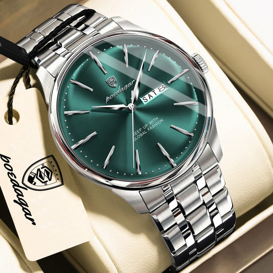 Poedagar 843 Men Quartz Watch Day and Date Dual Calendar Stainless Steel Band Simple Business Wrist Watch for Male Gift
