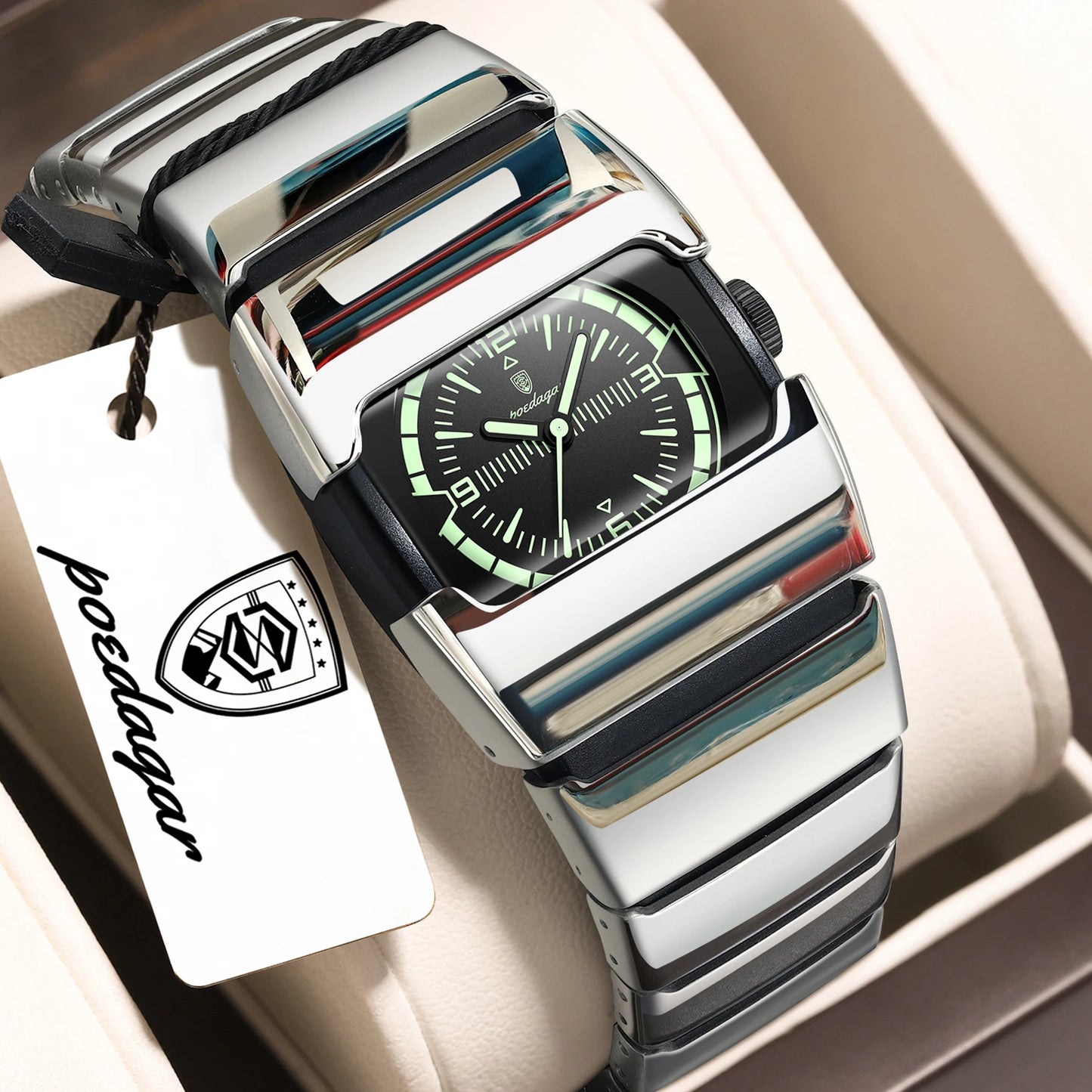 Poedagar 846 Luxury Men Square Quartz Watch Stainless Steel Strap Hardlex Glass 3ATM Waterproof Luminous Wrist Watch