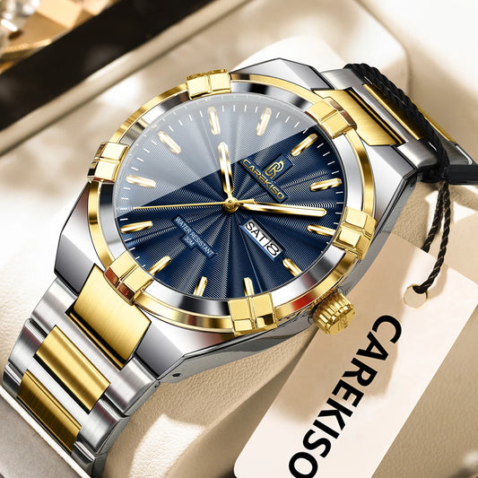 CAREKISO Business Men Date Week Waterproof Luminous Quartz Men Wristwatch Stainless Steel Men's Watches