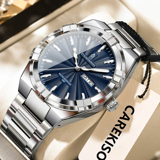 CAREKISO Business Men Date Week Waterproof Luminous Quartz Men Wristwatch Stainless Steel Men's Watches